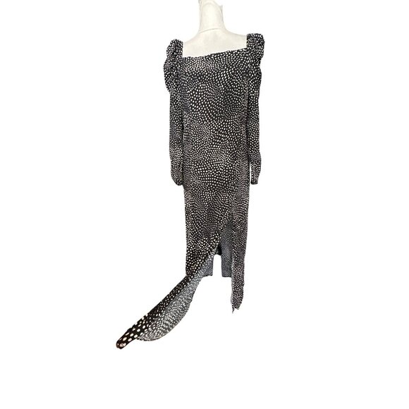 Black & White Polka Dot Long Sleeve Midi Peasant Dress Square Neck Ruched Size L - Picture 4 of 14